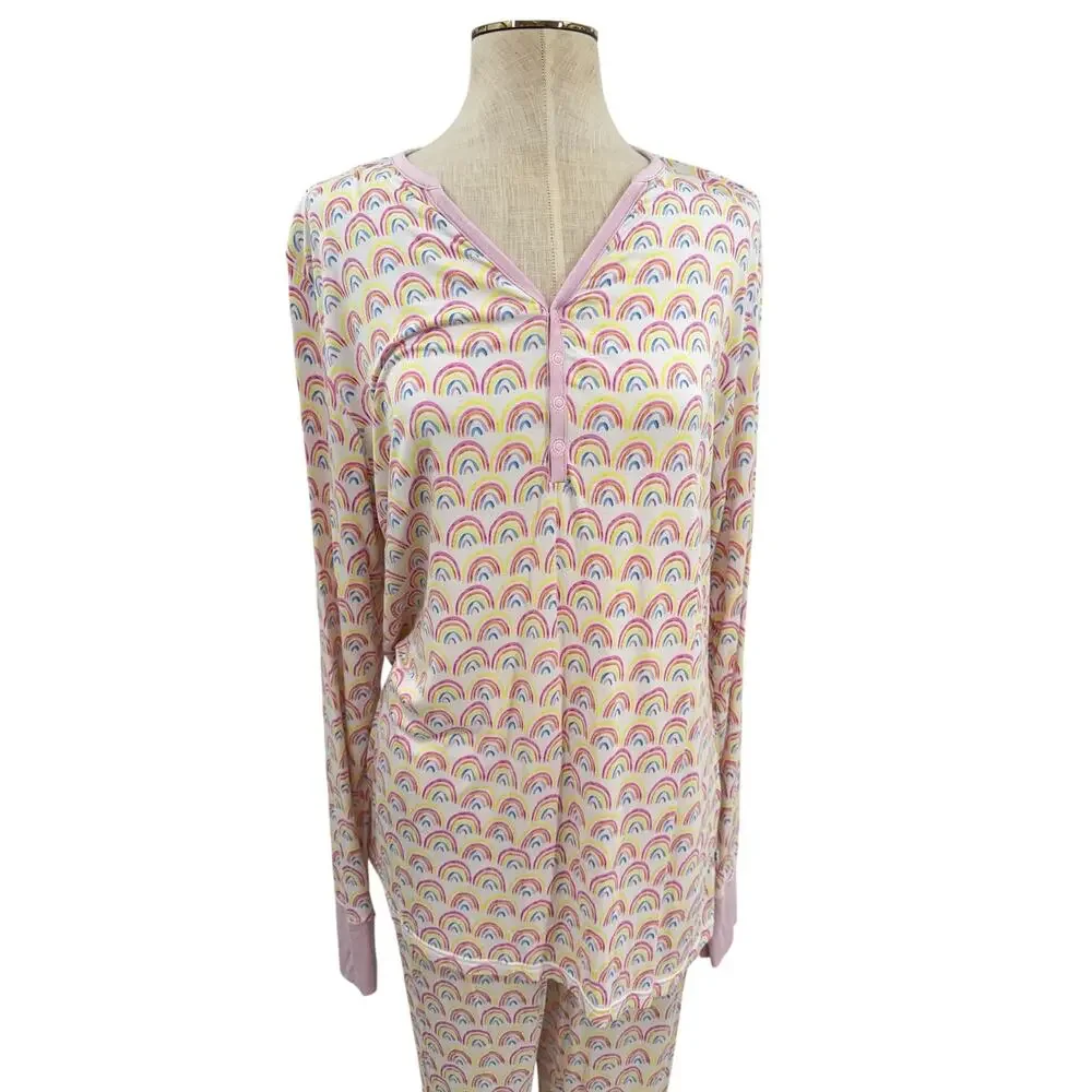 Little Sleepies Pastel Rainbows Bamboo Two Piece Pajama Set Pink Women's Large